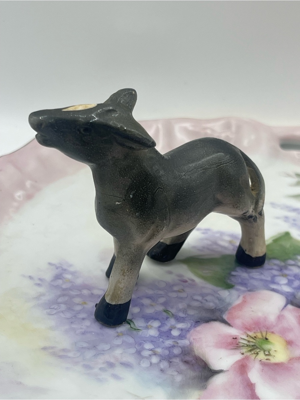 Small Ceramic Donkey Figurine in Gray and Cream